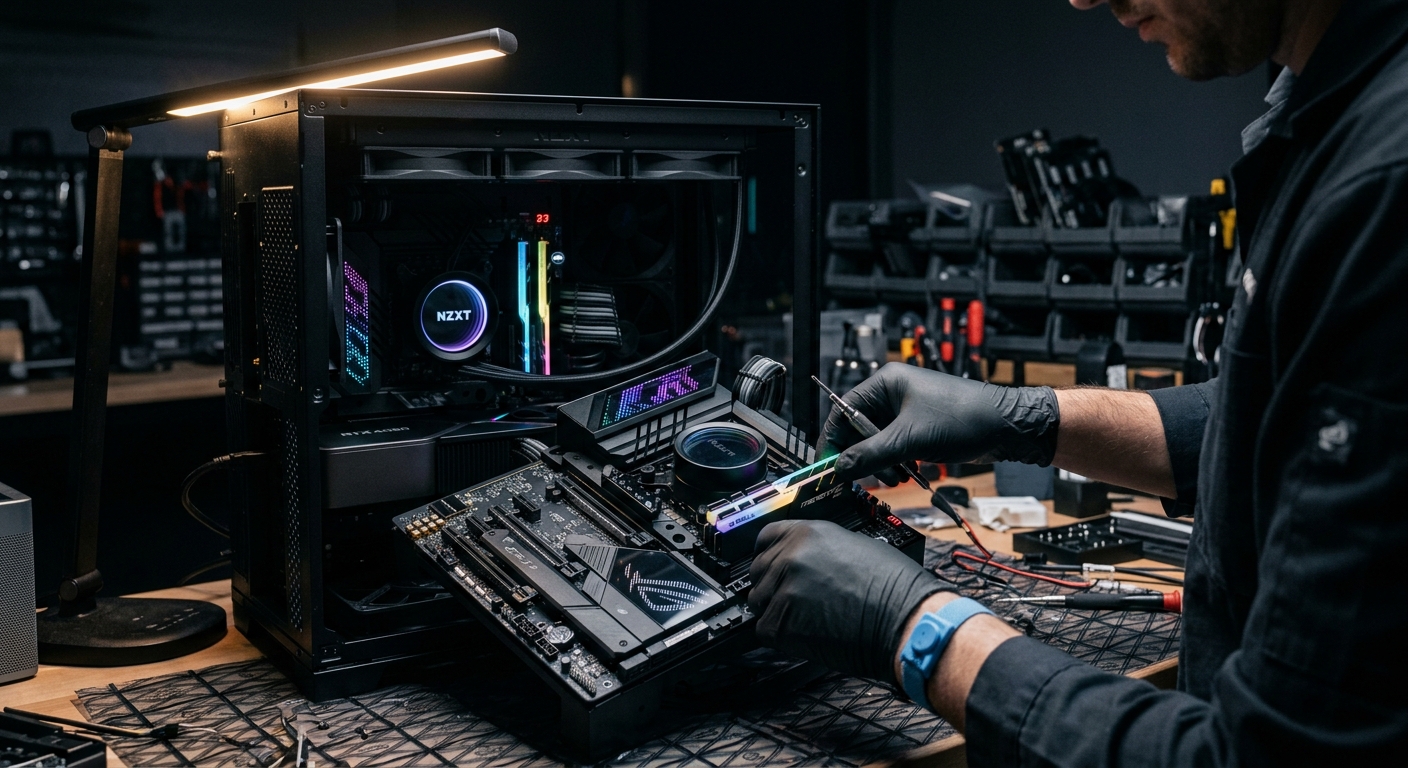 Technician assembling a custom gaming PC